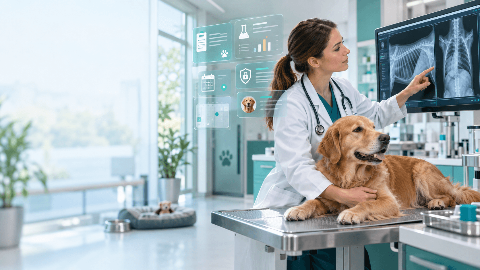 Veteriner hekimin köpek hastayı muayene ederken radyografi ve klinik paneli incelemesi